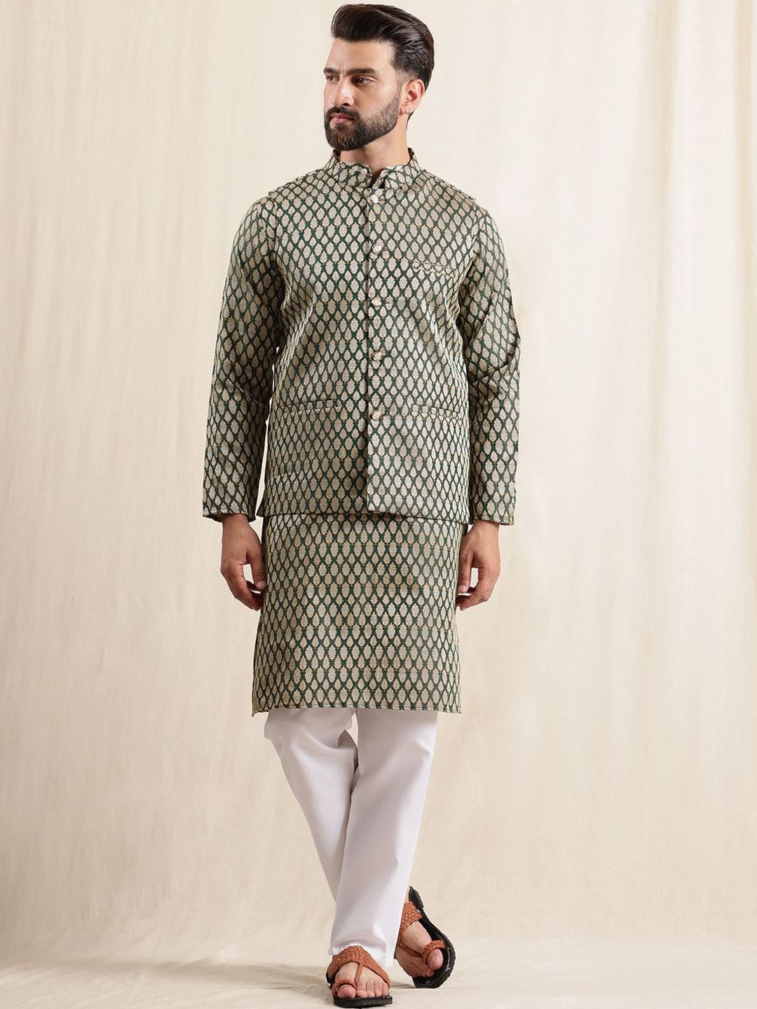 Anouk Floral Woven Design Mandarin Collar Straight Kurta With Pyjamas & Nehru Jacket