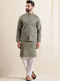 Anouk Floral Woven Design Mandarin Collar Straight Kurta With Pyjamas & Nehru Jacket
