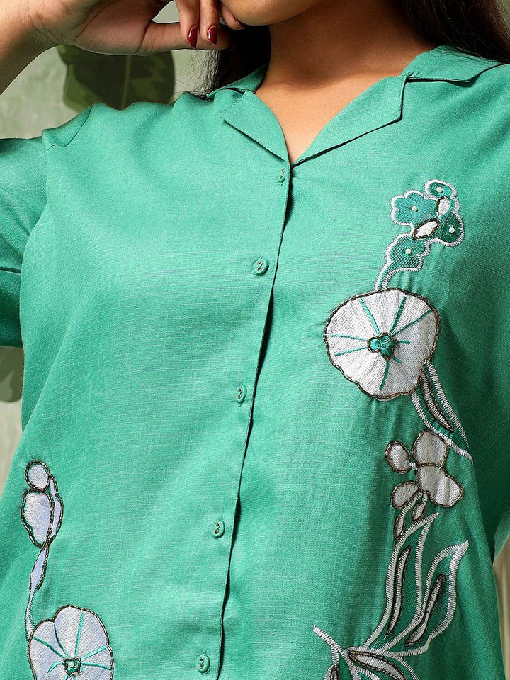 Bani Women Plus Size Floral Embroidered Shirt Collar Shirt & Palazzo