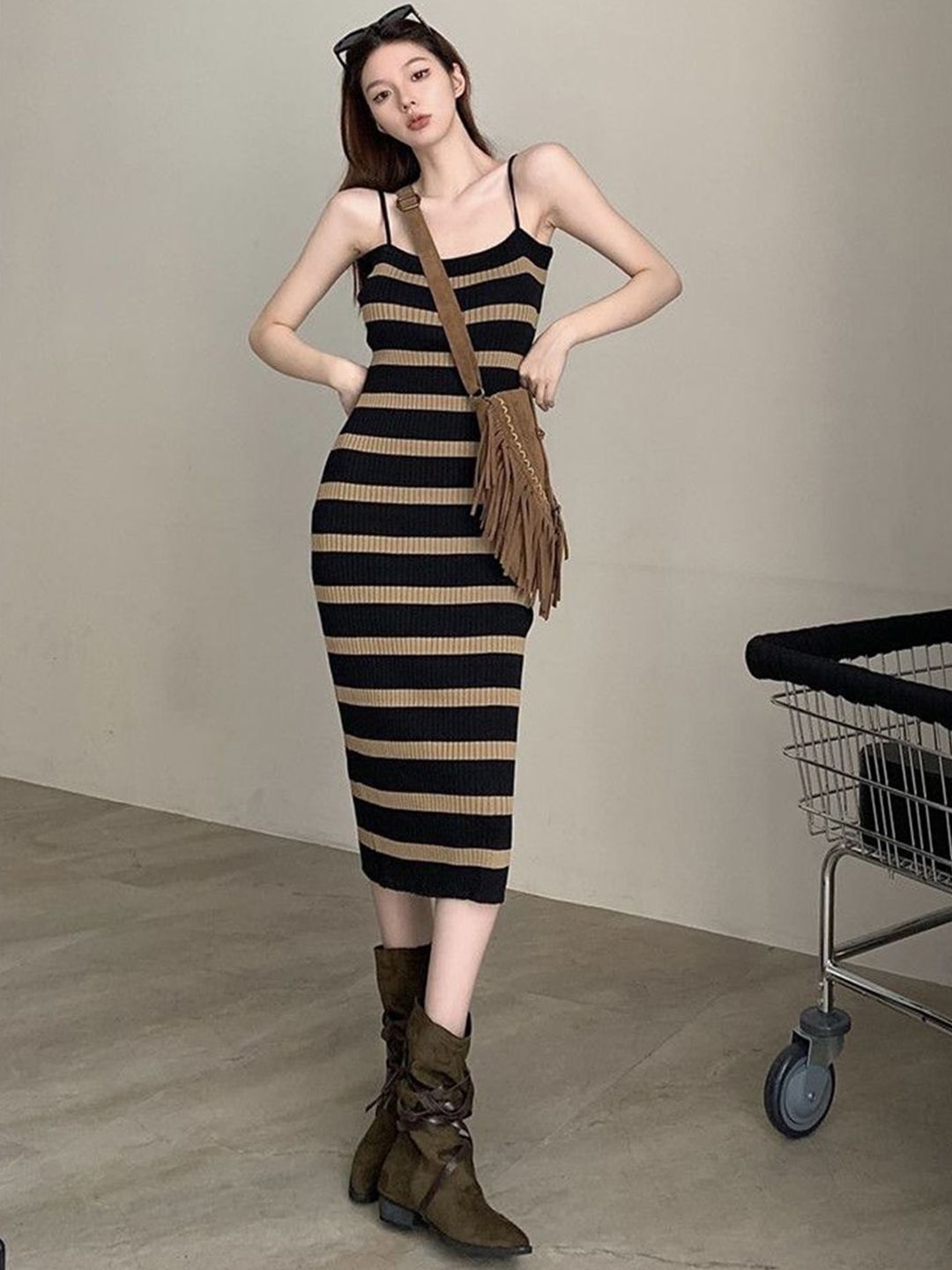 DressBerry Women Striped Bodycon Midi Dress