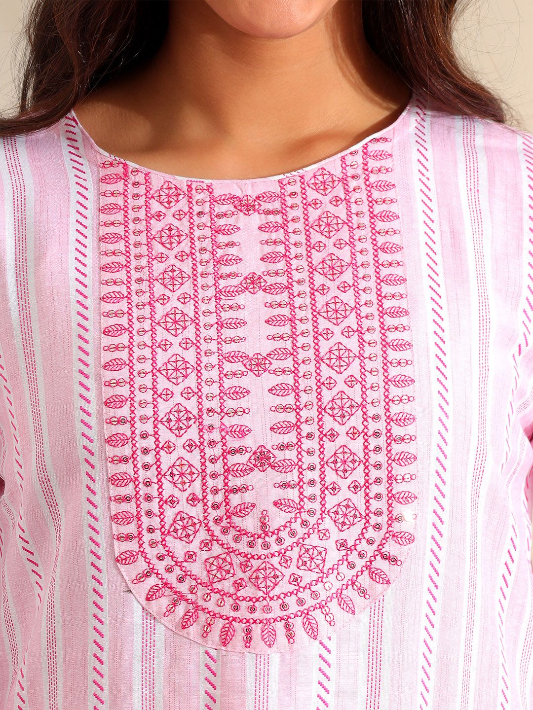 Mamicha Women Striped Regular Thread Work Pure Cotton Kurta with Trousers