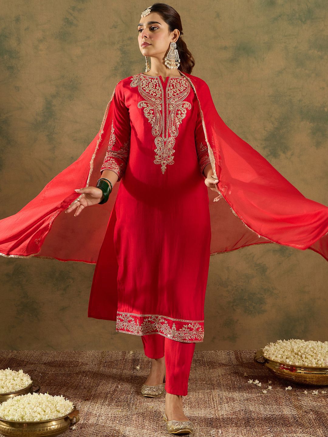 Indo Era Paisley Zari Embroidered Kurta with Trousers & With Dupatta