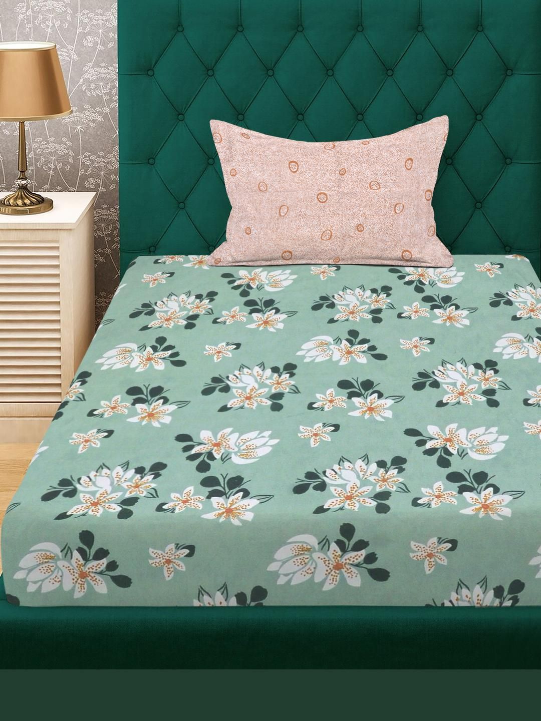 KLOTTHE Green Floral 300 TC Single Bedsheet With 1 Pillow Covers