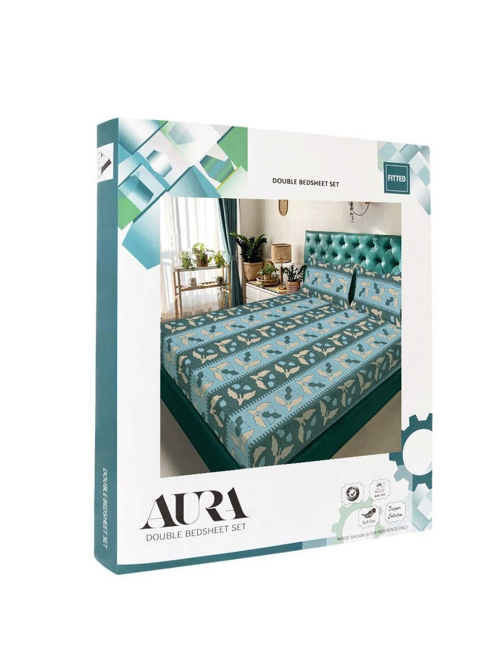 Aura Green & Blue Floral 300 TC Fitted Double King Bedsheet Set 2.50 m x 2.25 m