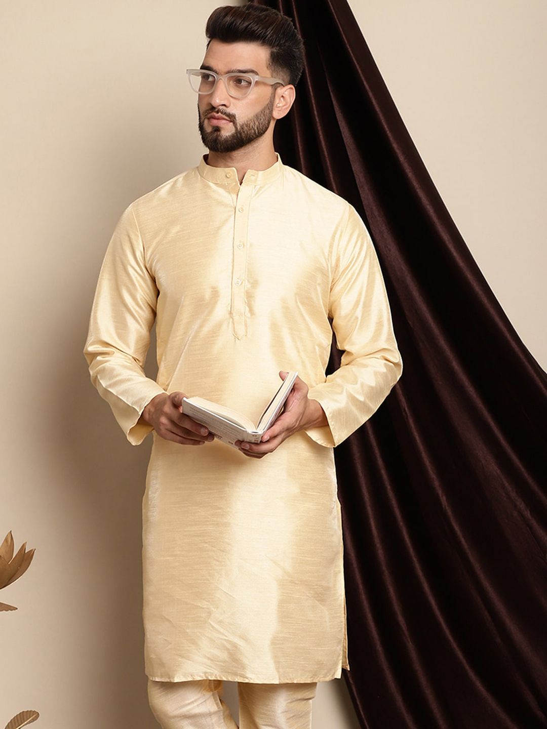 Anouk Band Collar Dupion Silk Straight Silk Cotton Kurta Biasa