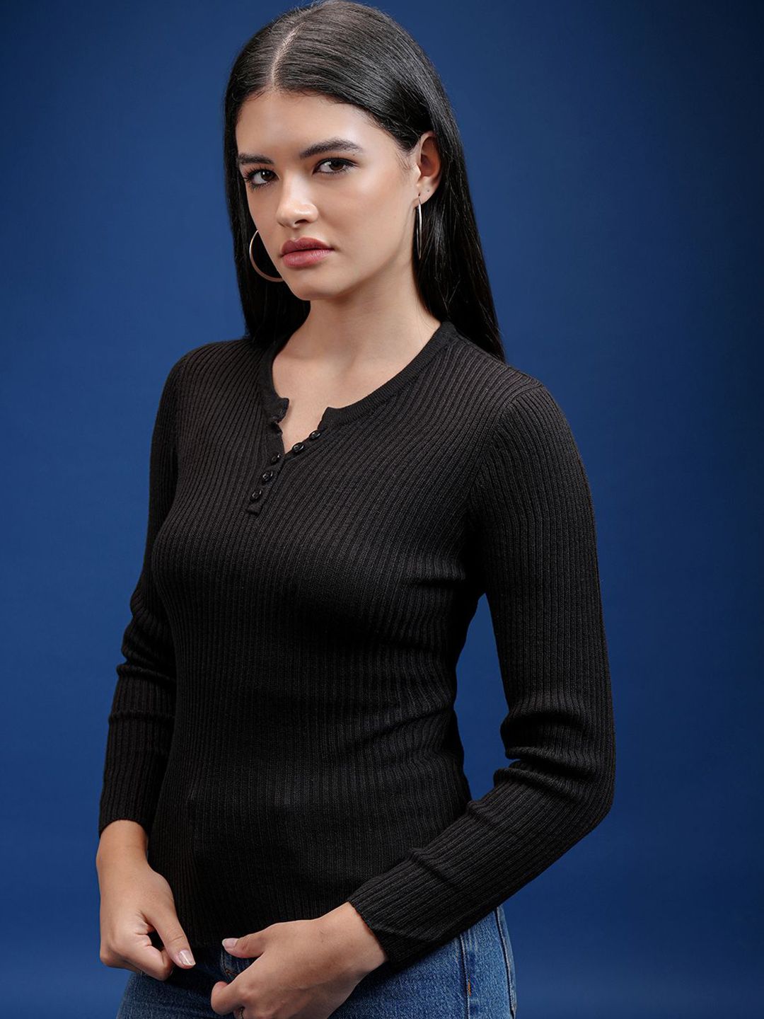 Tokyo Talkies Women Self Design Ribbed Pullover