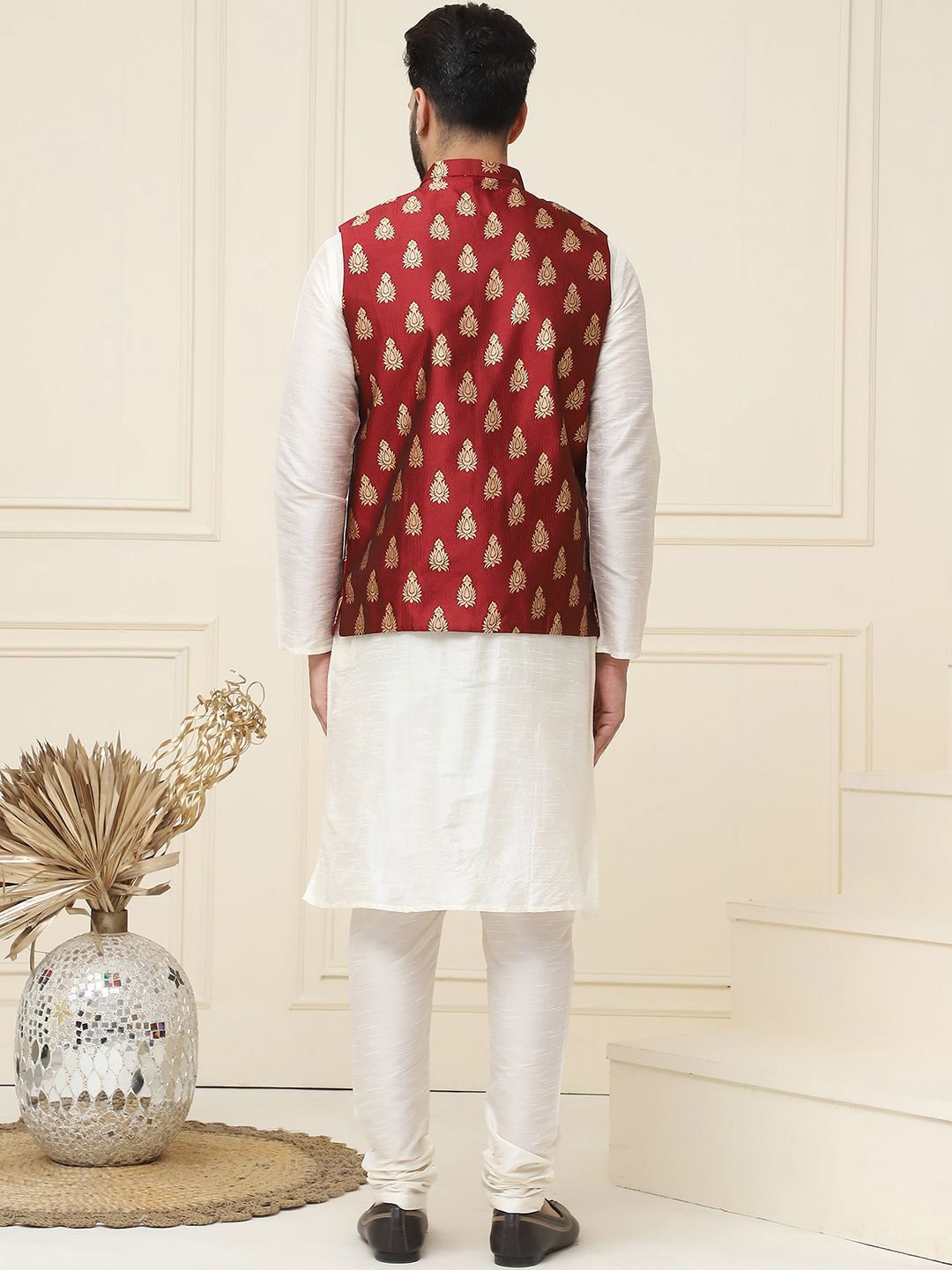 SOJANYA Mandarin Collar Silk Cotton Straight Kurta with Churidar & Nehru jacket