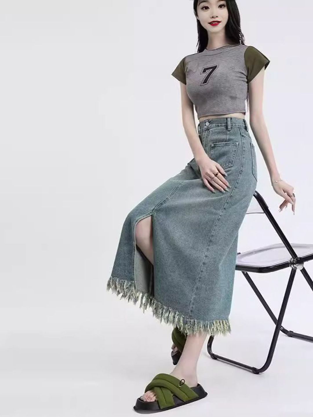 DressBerry Women Denim A-Line Midi Skirt