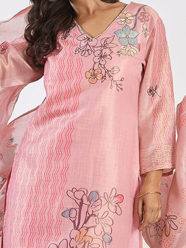 Indo Era Floral Printed Round Neck Straight Kurta With Trousers & Dupatta
