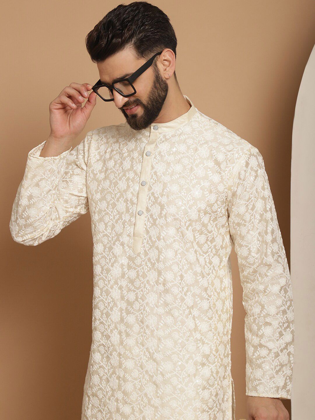 Anouk Floral Embroidered Band Collar Regular Kurta & Churidar