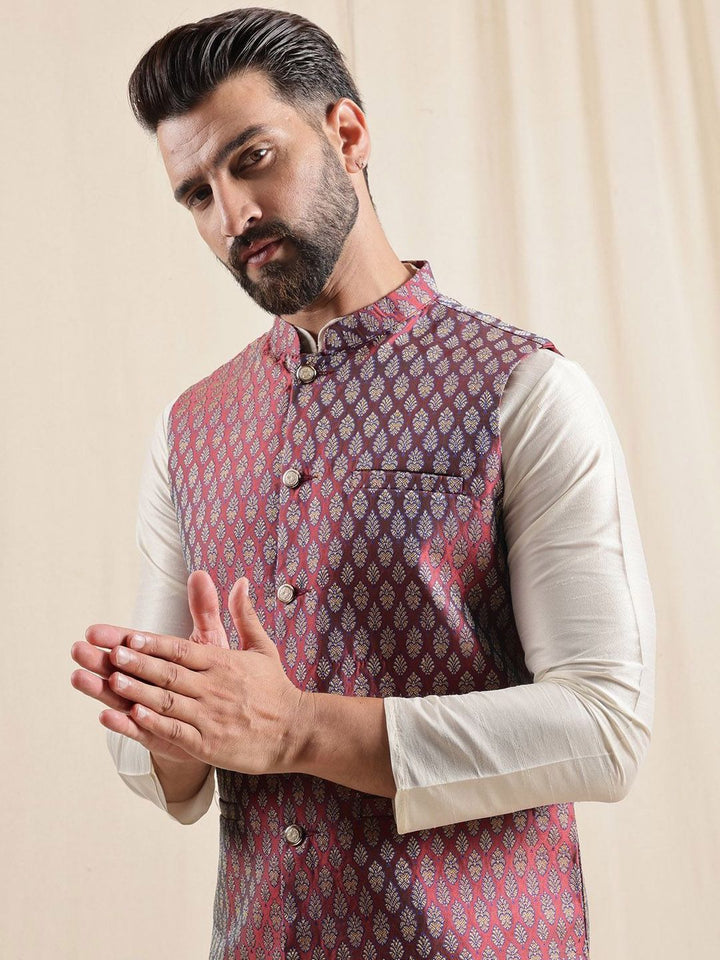 Anouk Men Regular Kurta with Pyjamas With Woven Maroon Nehru Jacket