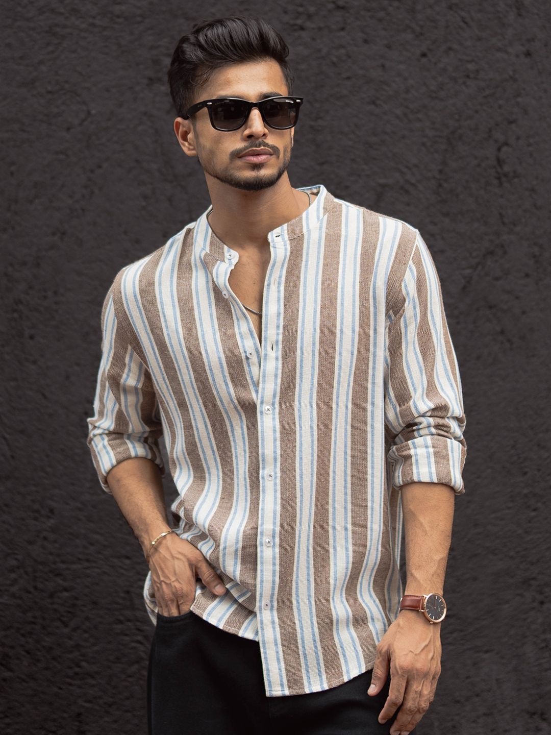 Powerlook Men Band Collar Vertical Striped Cotton Casual Shirt