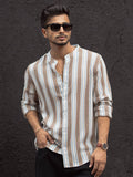 Powerlook Men Band Collar Vertical Striped Cotton Casual Shirt