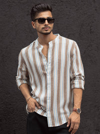Powerlook Men Band Collar Vertical Striped Cotton Casual Shirt