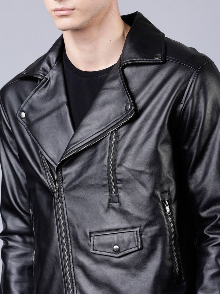 HIGHLANDER Men Black Solid Leather Jacket