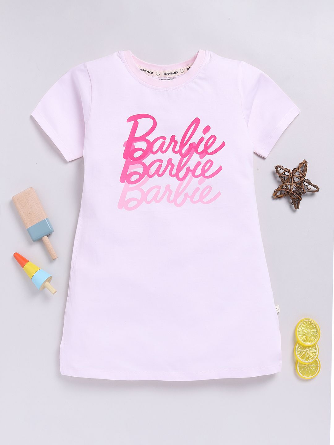 Happy Faces Girls Barbie Printed Pure Cotton Longline T-shirt