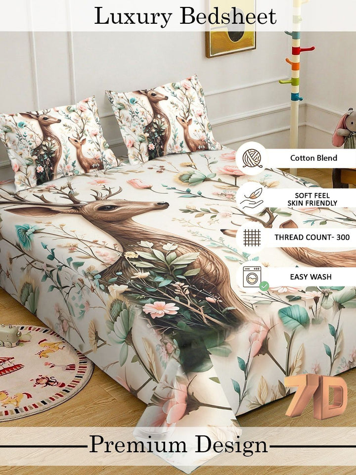 Myntra Elegant Cream Animal Printed 400 TC King 7D Cadar & 2 Sarung Bantal 250X225 cm