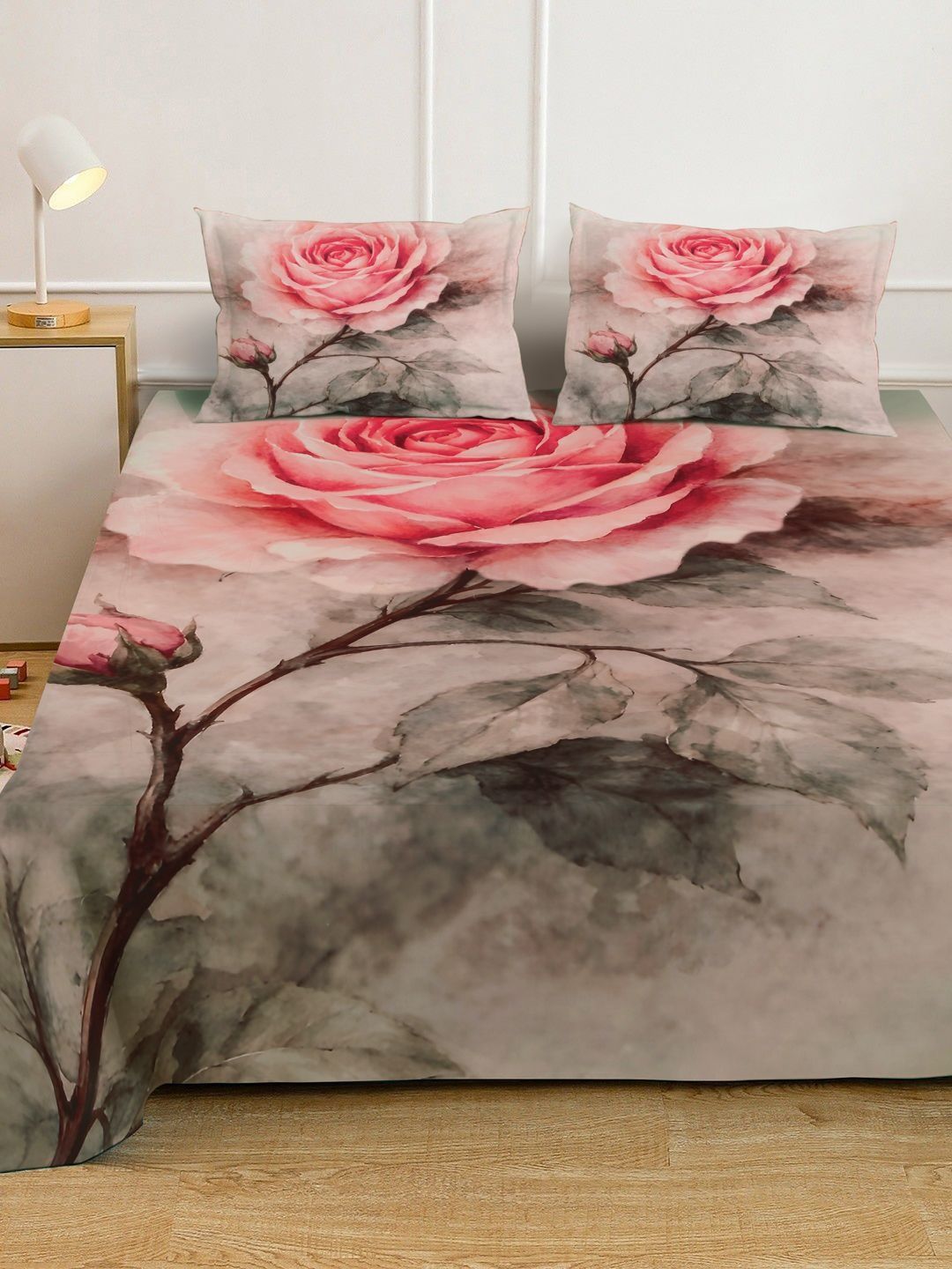 Myntra Elegant Homes Multicoloured Floral 300 TC King Bedsheet with 2 Pillow Covers