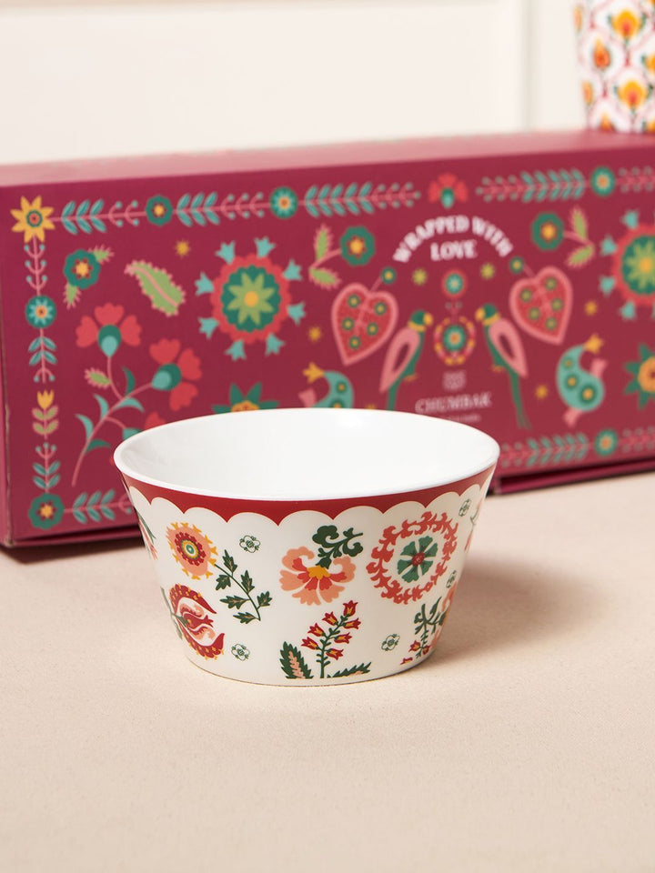 Chumbak Red & Beige Suzani Bloom Tea Trio Gift Set Of 3 Comes In A Gift Box
