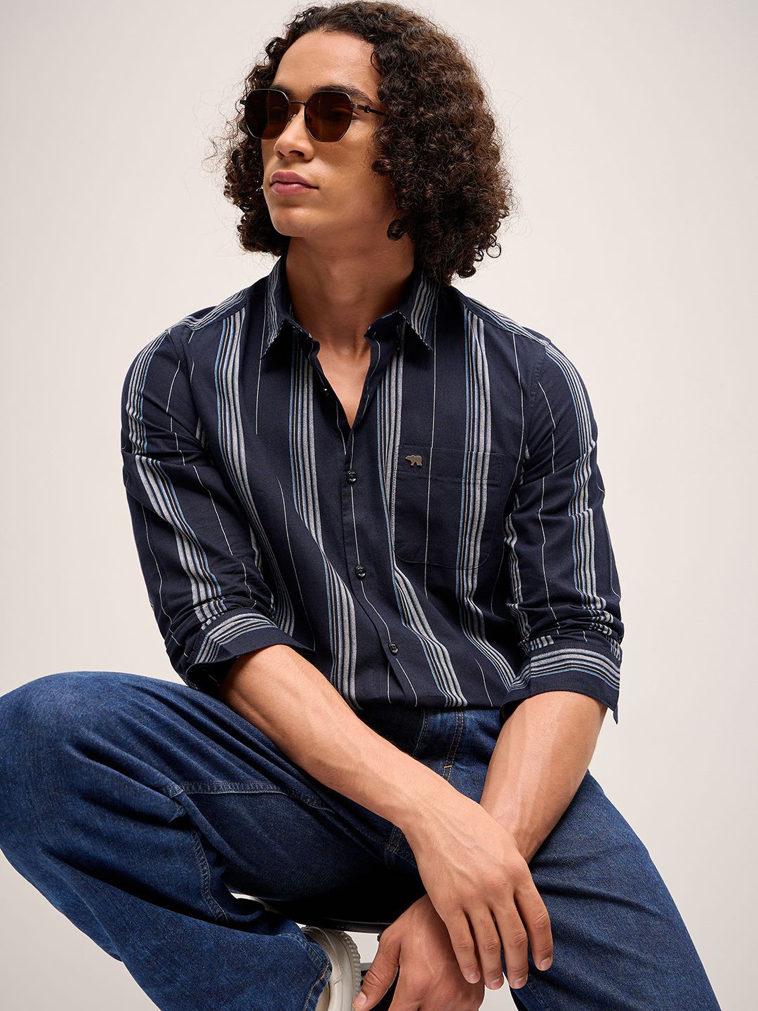 THE BEAR HOUSE Men Striped Slim Fit Pure Cotton Casual Shirt