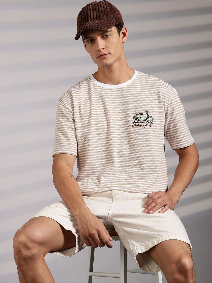 Eszett Drop Shoulder Vintage Ride Cream Striped Embroidered Cotton Round Neck Oversized Fit T-shirt
