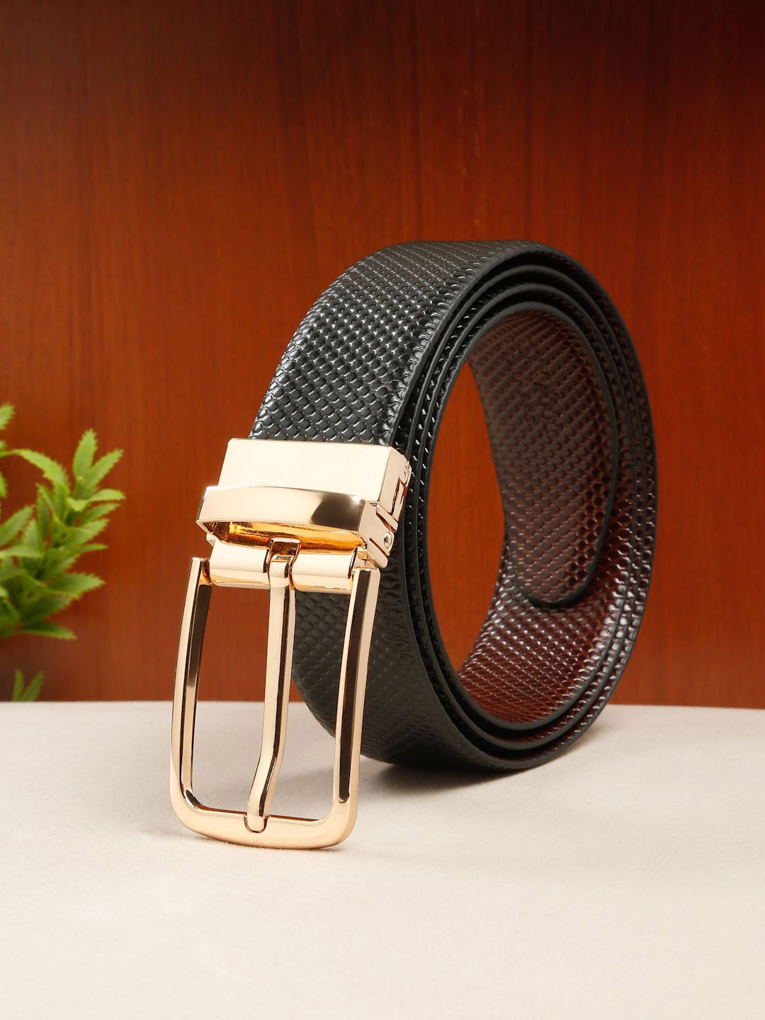 Teakwood Leathers Men Textured Leather Reversible Formal Belt