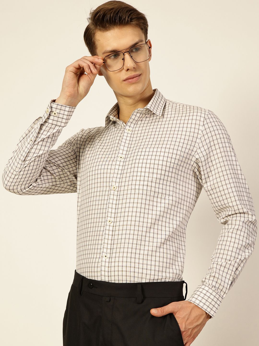 Thomas Scott Men Smart Spread Collar Tartan Checked Cotton Formal Shirt