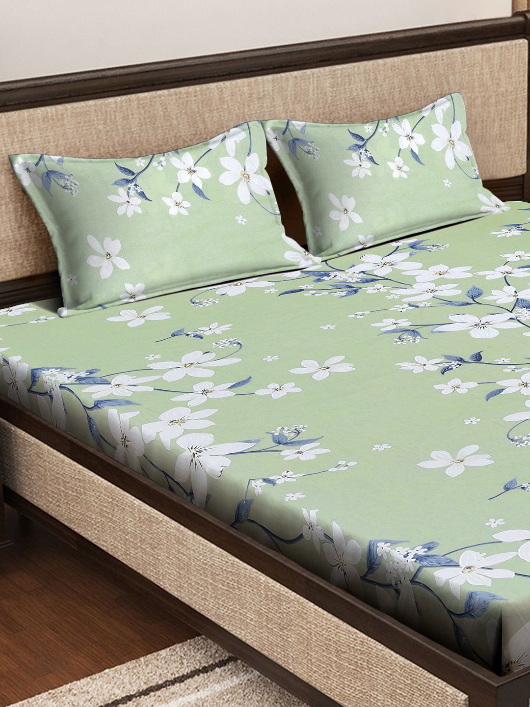Myntra Elegant Homes Green Printed Pure Cotton 400TC Fitted King Bedsheet Set 2.5m x 2.25m