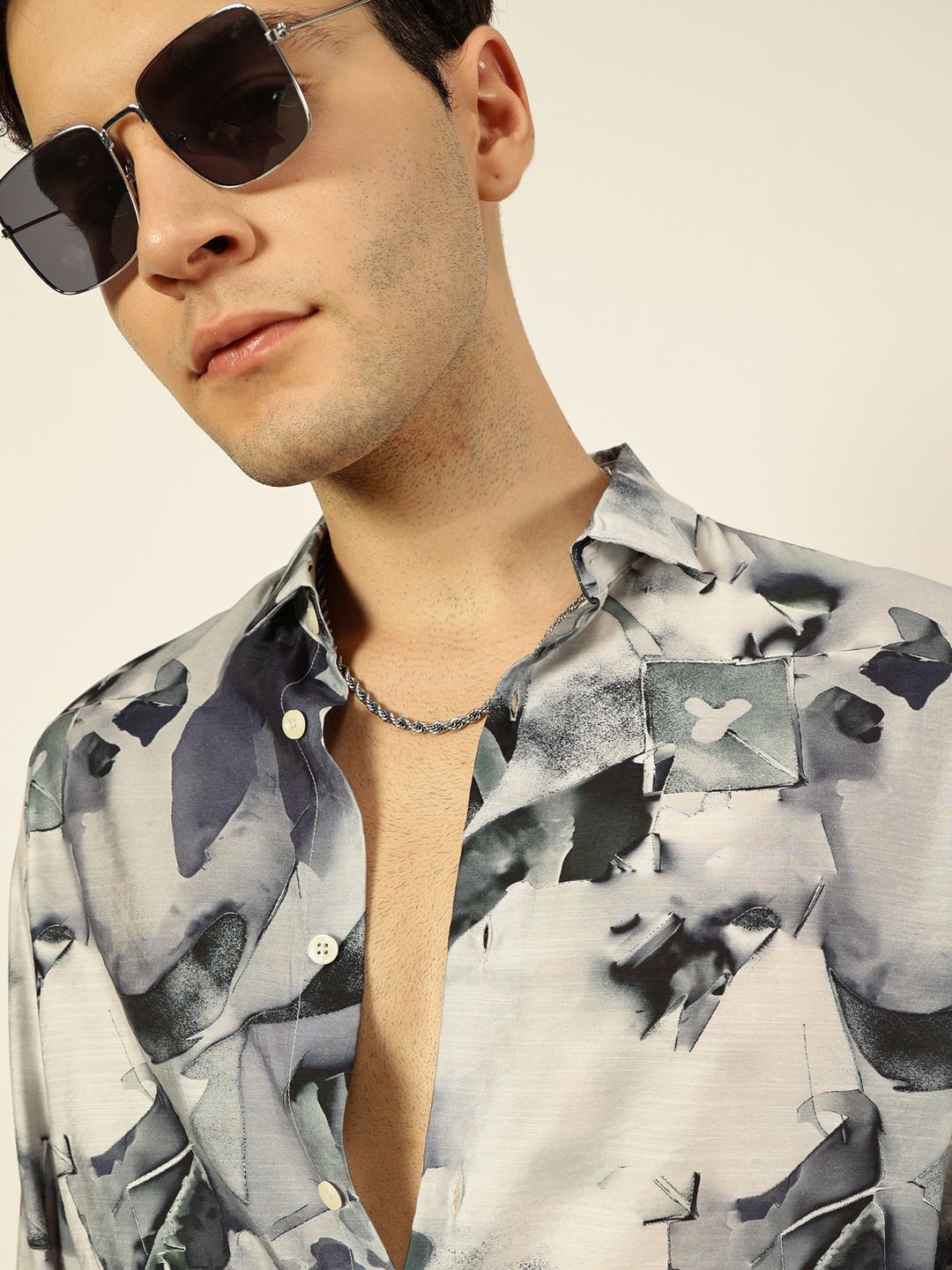 Thomas Scott Men Premium Spread Collar Abstract Printed Cotton Slim Fit Casual Shirt