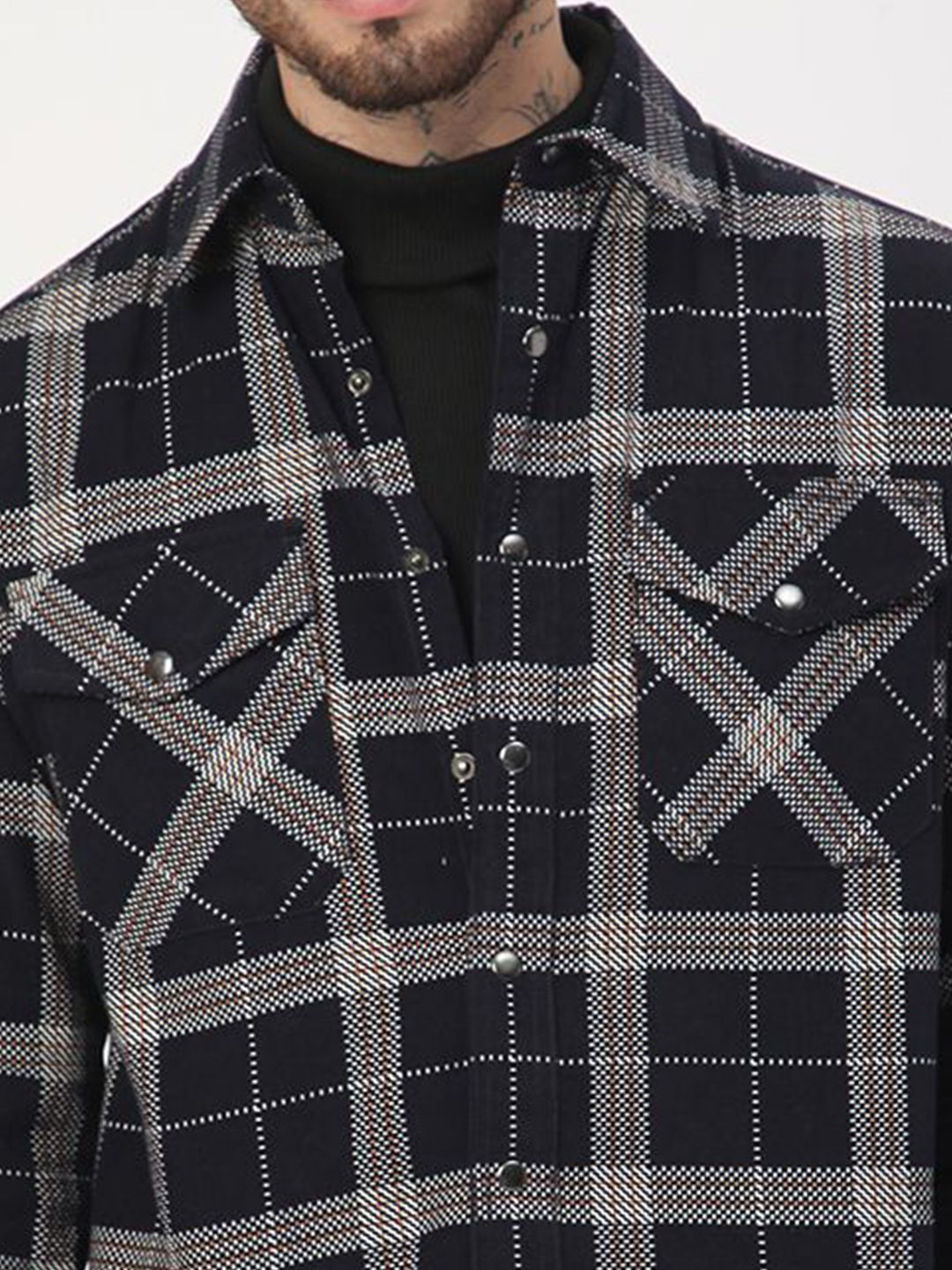 VASTRADO Men Elan Navy Dot Checks Double Flap Pocket Cotton Corduroy Overshirt