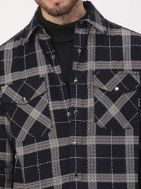 VASTRADO Men Elan Navy Dot Checks Double Flap Pocket Cotton Corduroy Overshirt