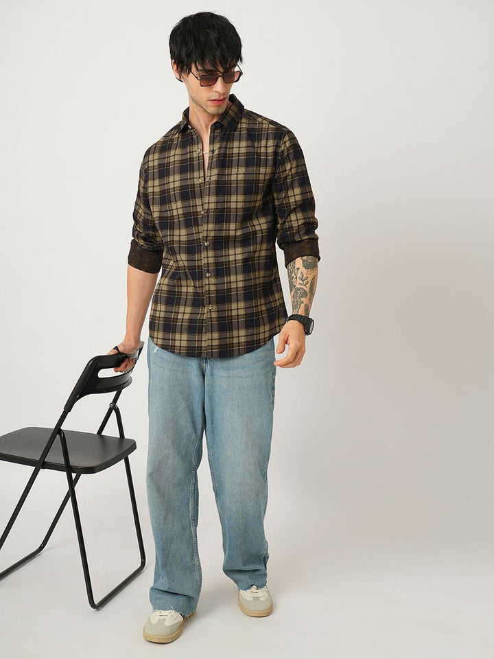 VASTRADO Men Classic Spread Collar Tartan Checked Cotton Slim Fit Casual Shirt