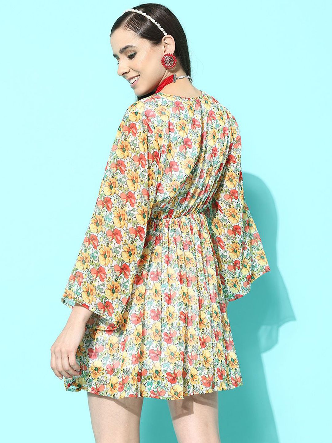Indo Era Floral Print Tie-Up Neck Puff Sleeve Georgette A-Line Dress