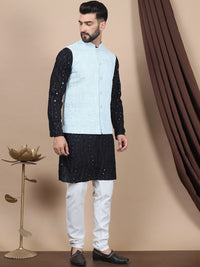 Anouk Embroidered Sequinned Pure Cotton Straight Kurta With Churidar & Nehru Jacket