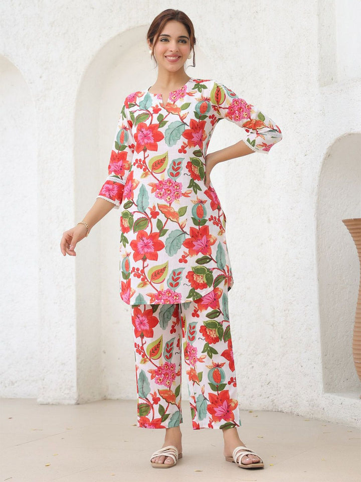 Rain & Rainbow Printed Notch Neck Pure Cotton Tunic With Trouser