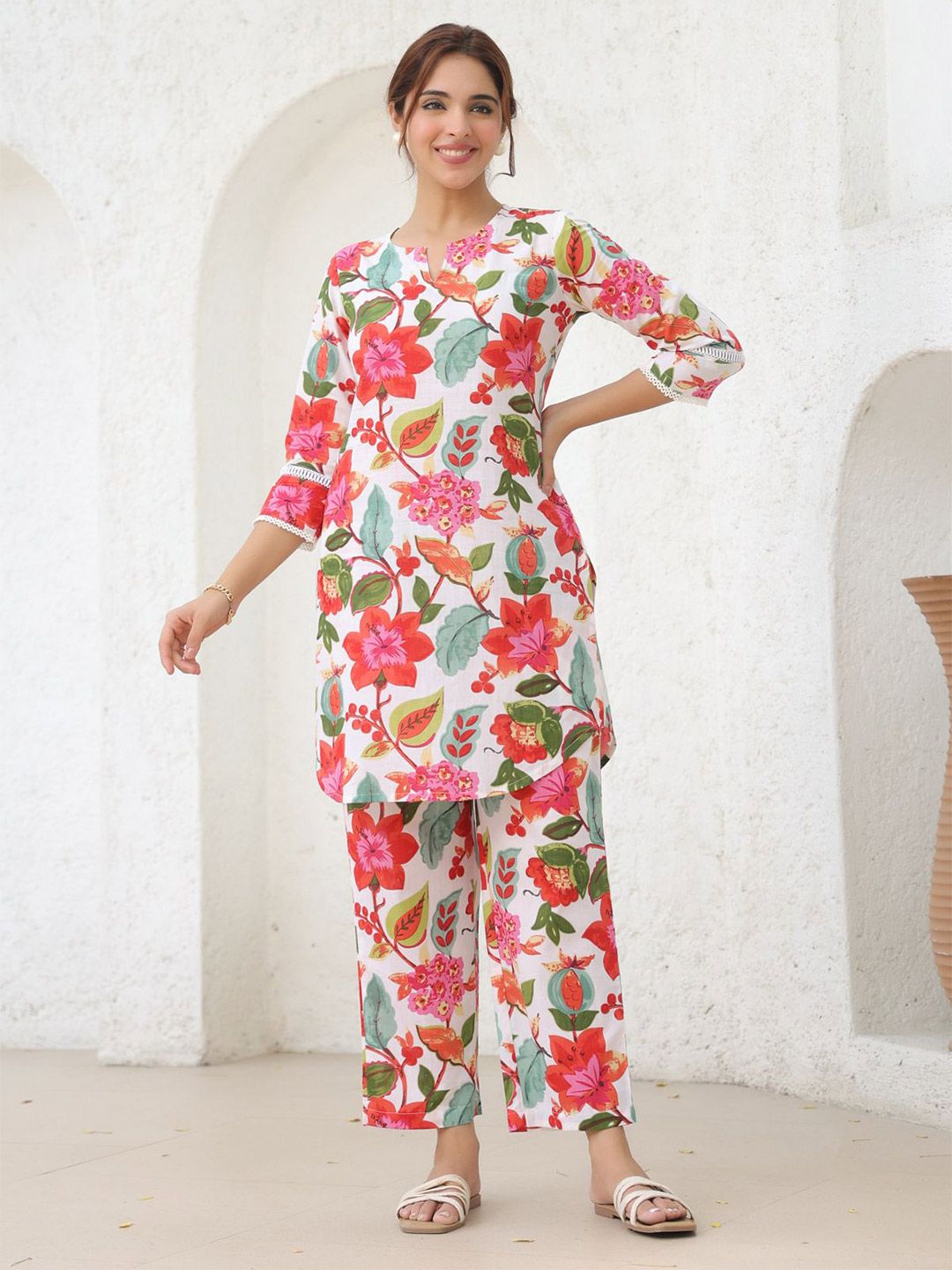 Rain & Rainbow Printed Notch Neck Pure Cotton Tunic With Trouser