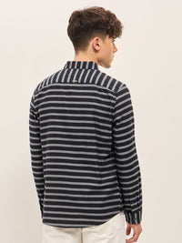 THE BEAR HOUSE Men Spread Collar Horizontal Striped Cotton Slim Fit Casual Shirt