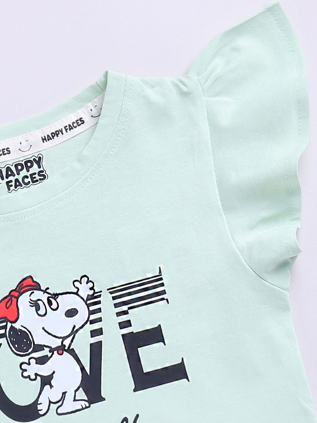 Happy Faces Kids Girls Snoopy Printed Flutter Sleeve Pure Cotton Top