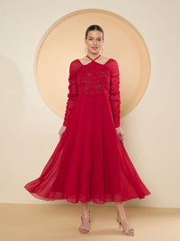 Antheaa Halter Neck Chiffon Embellished Maxi Dress