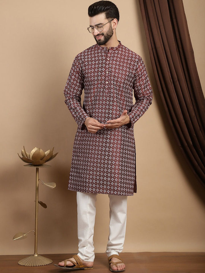 Anouk Geometric Printed Mandarin Collar Regular Straight Kurta With Churidar