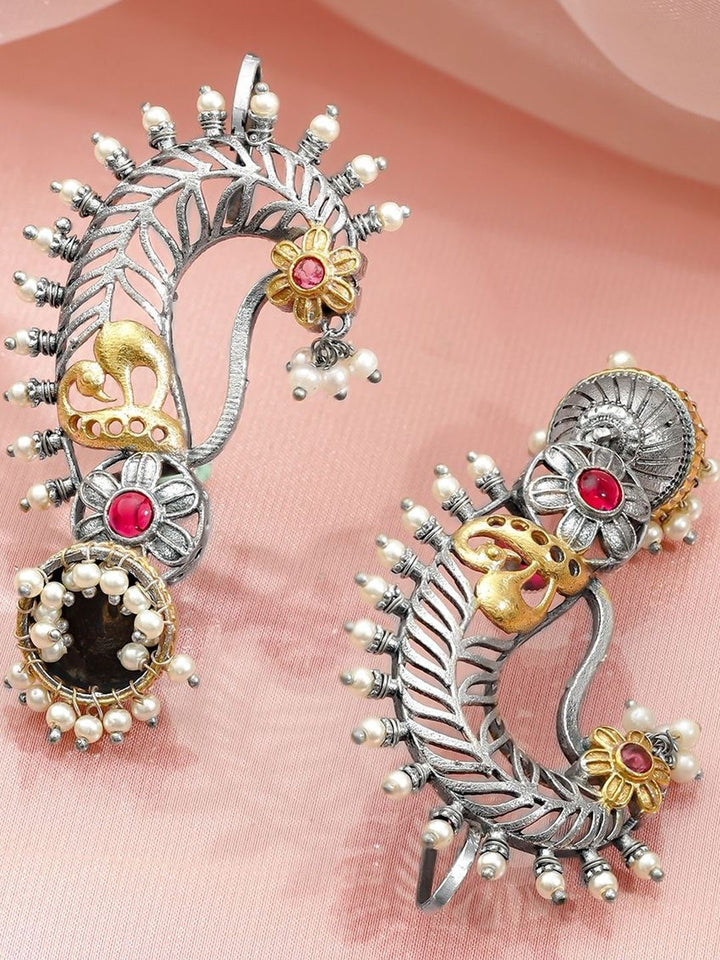 Rubans Rhodium-Plated Stones Studded And Beaded Oxidised Paisley Shaped Ear Cuff