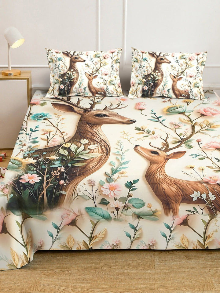 Brown Animal Cartoon Printed 7D 400 TC King Size Superfine Bedsheet With 2 Pillow Cover