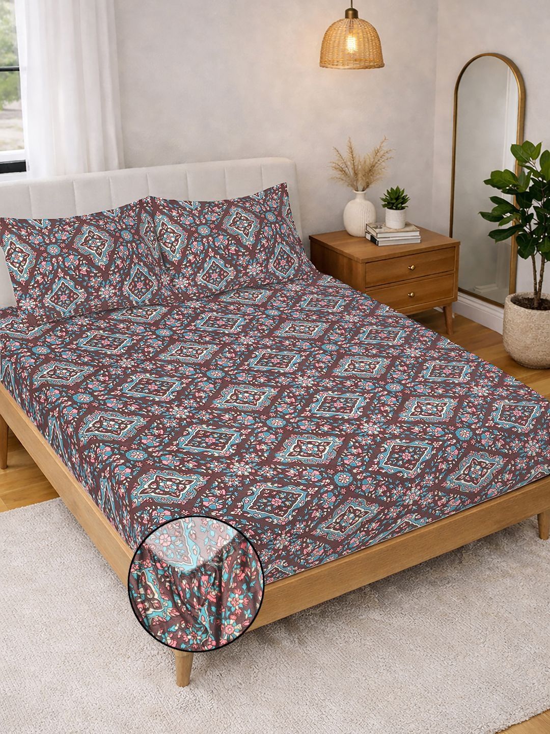 KLOTTHE Brown Printed Fitted Double Bedsheet