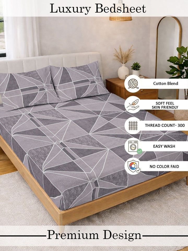 Myntra Elegant Homes Grey Geometric 300 TC Double Bedsheet With 2 Pillow Cover 98''x 88''