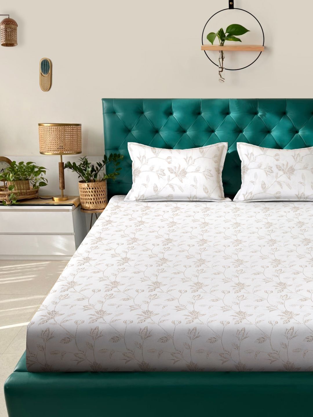 Myntra Elegant Homes White Floral 400 TC Bedsheet with 2 Pillow Covers