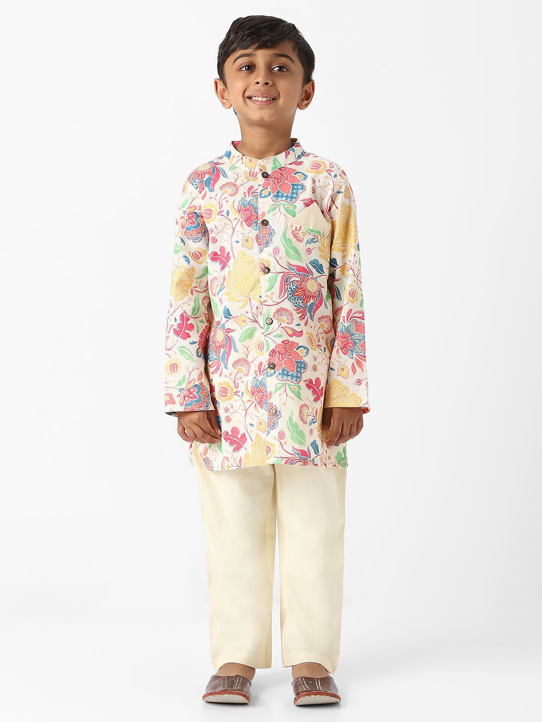 Nauti Nati Boys Floral Printed Regular Pure Cotton Kurta with Pyjamas