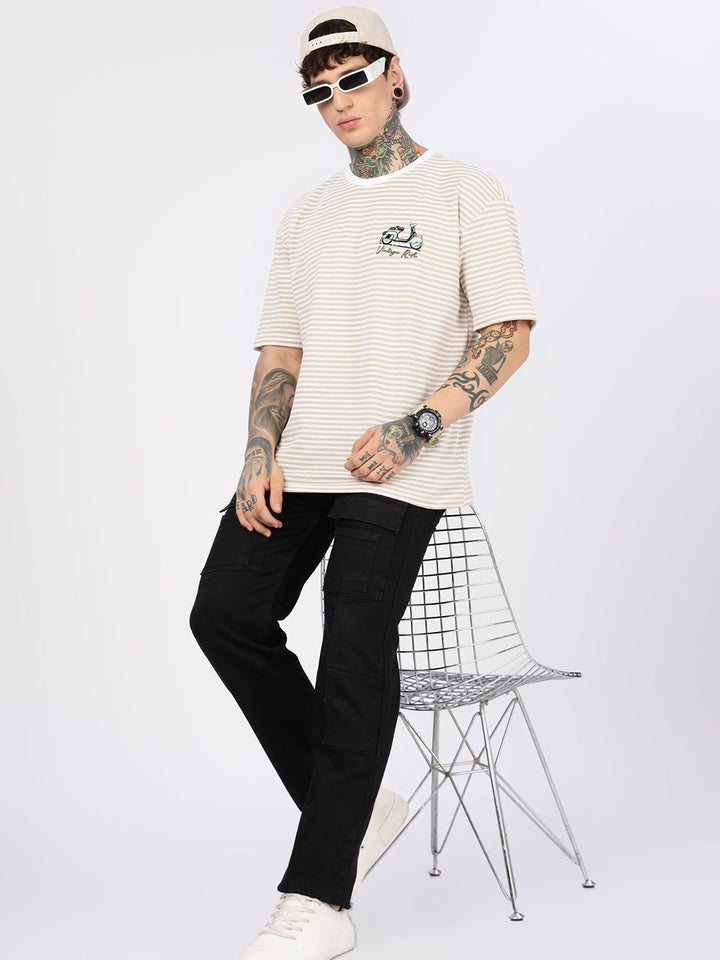 Eszett Drop Shoulder Vintage Ride Cream Striped Embroidered Cotton Round Neck Oversized Fit T-shirt