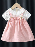 YK Self Design Round Neck Short Sleeves Knee Length Lace Inserts A-Line Dress