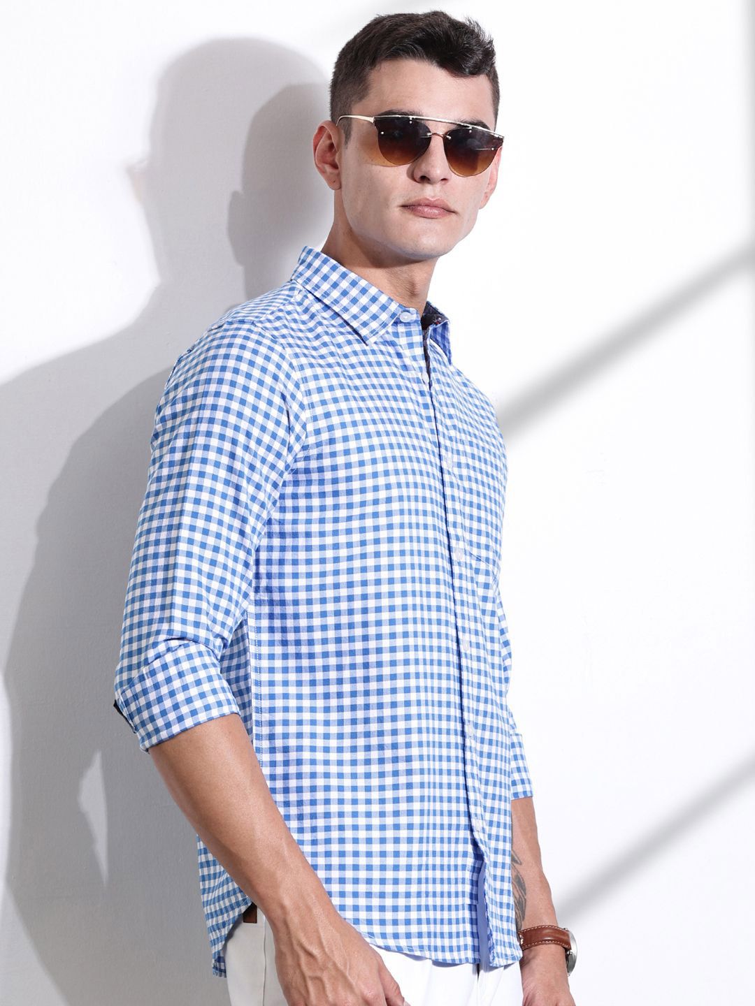 Thomas Scott Men Cotton Classic Slim Fit Gingham Checks Opaque Checked Casual Shirt