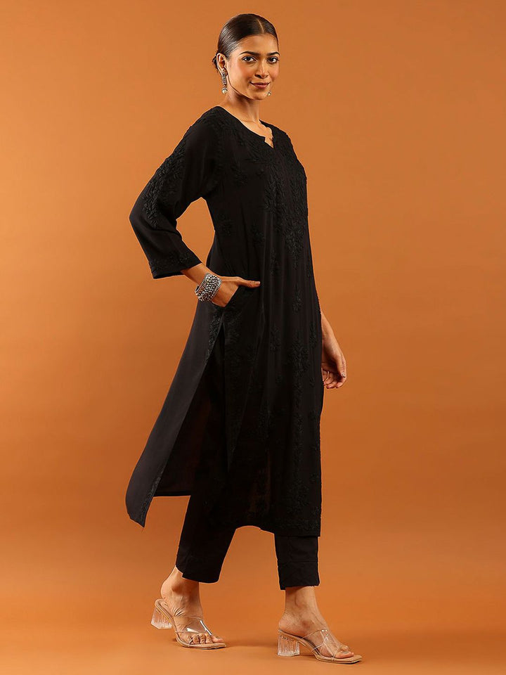 House of Chikankari Women Black Modal Chikankari Embroidered Kurta